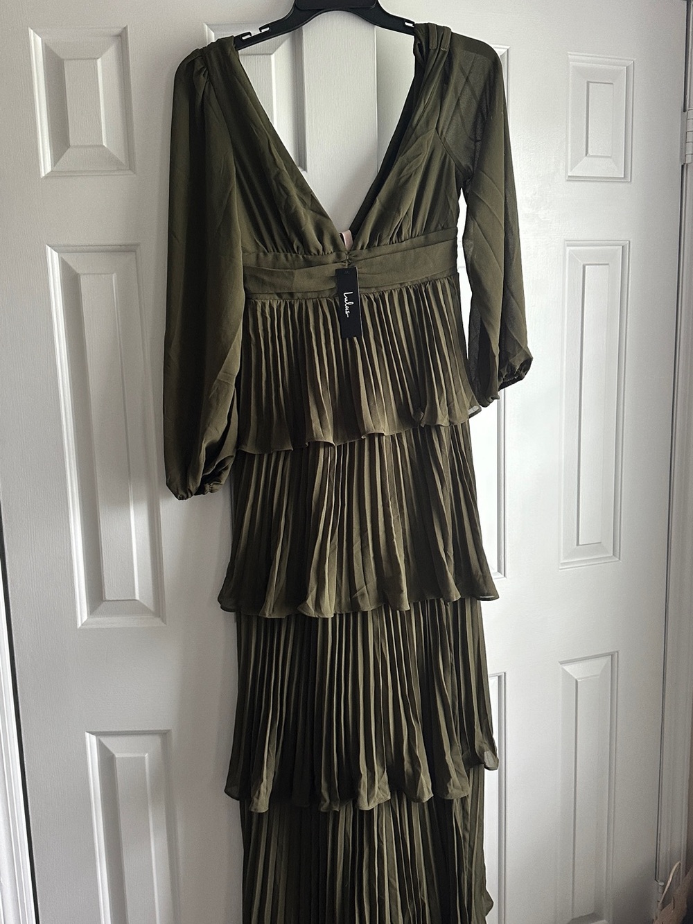 Brand new Graceful Finesse Olive Green Pleated Long Sleeve Maxi Dress